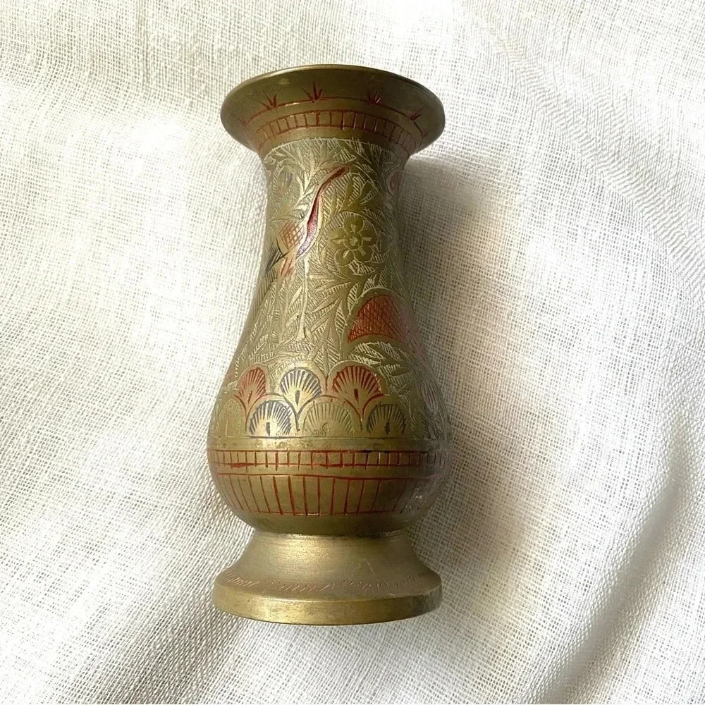 Vintage Crane and Floral Etched Brass Vase